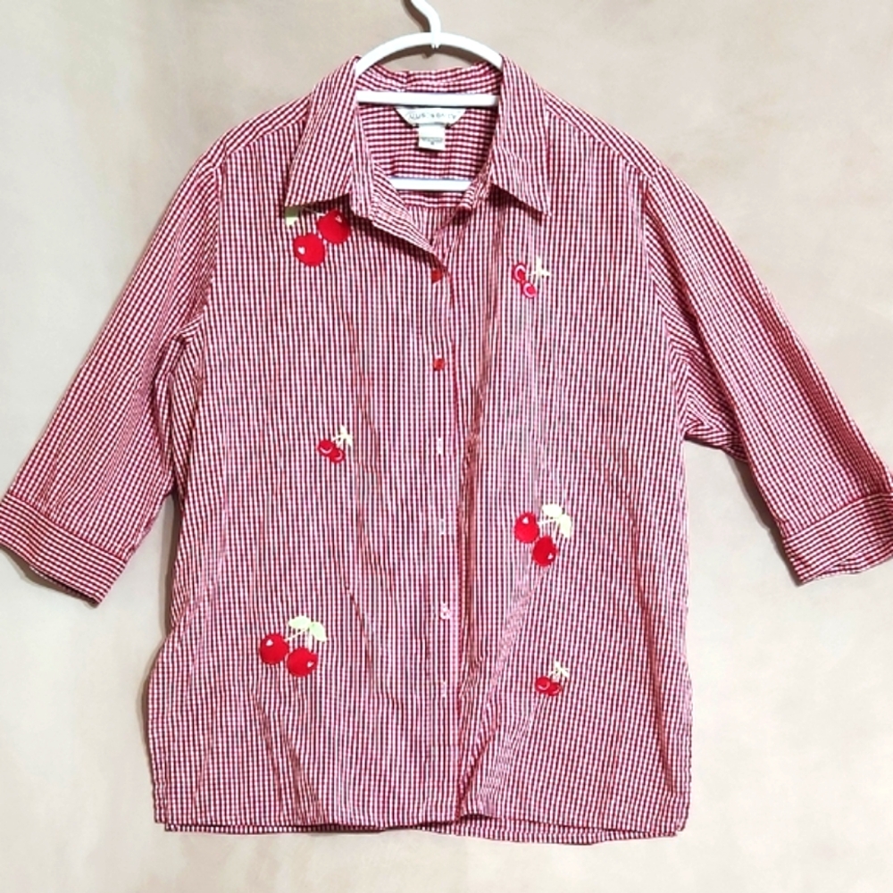 ALLISON DALEY blouse women 16W red white cherry three-quarter sleeves